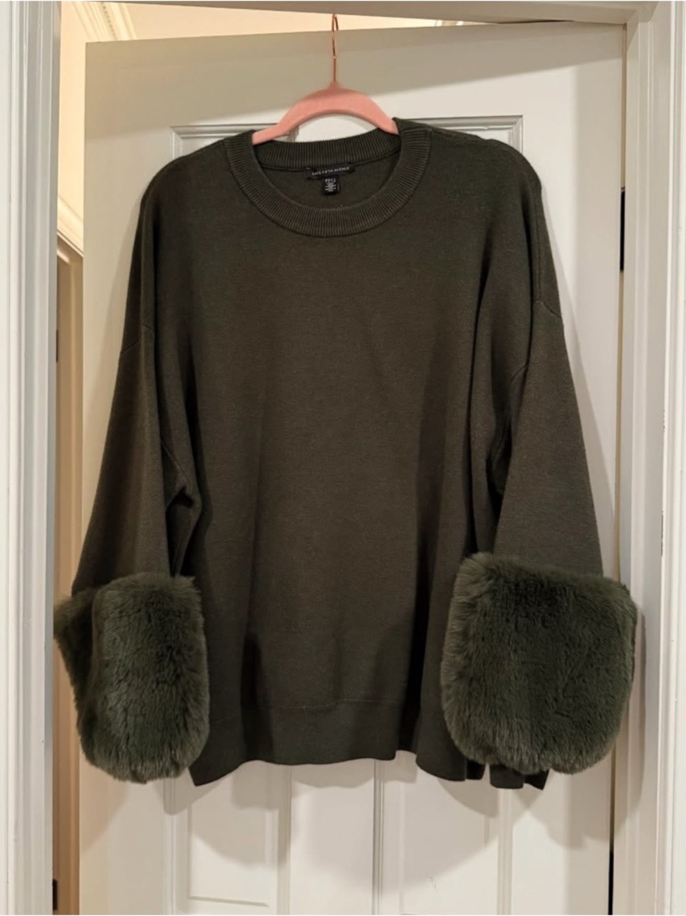 Saks Fifth Avenue Olive Green Crewneck Sweater with Faux Fur Cuffs